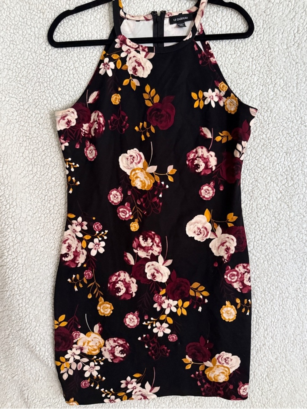 Le Château Black Floral Halter Dress Size L – Stretchy & Flattering
